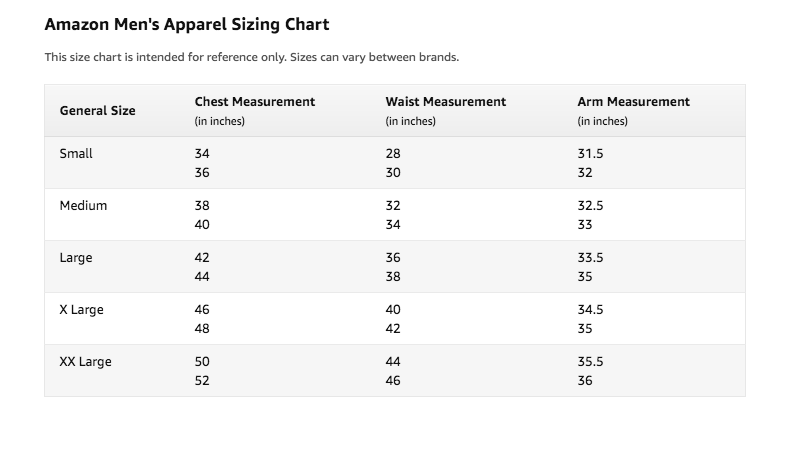 Amazon Size Chart Clothes